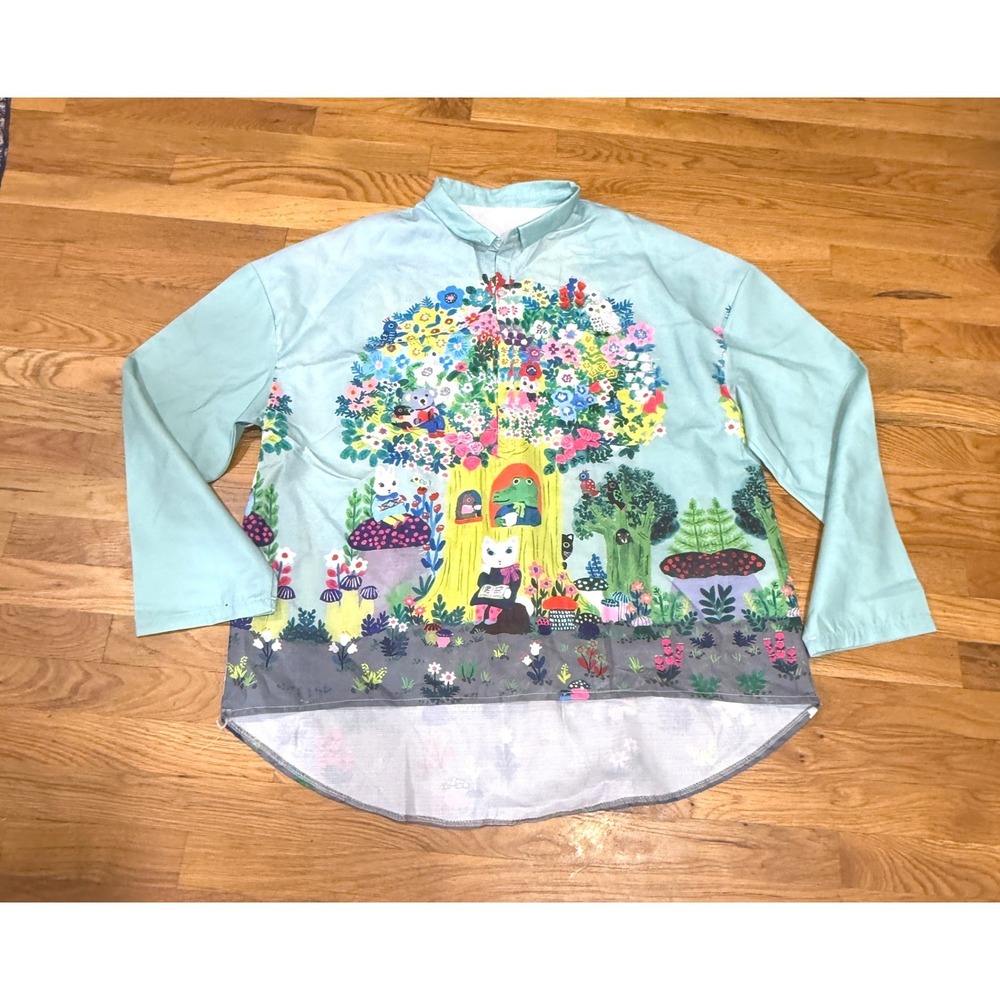 Whimsical Woodland Animal Floral Print Button Down Shirt High Low Hem Blue